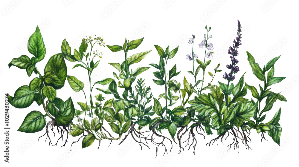 Green Herbs and Flowers with Roots. Green Herbs and Flowers with Roots.
