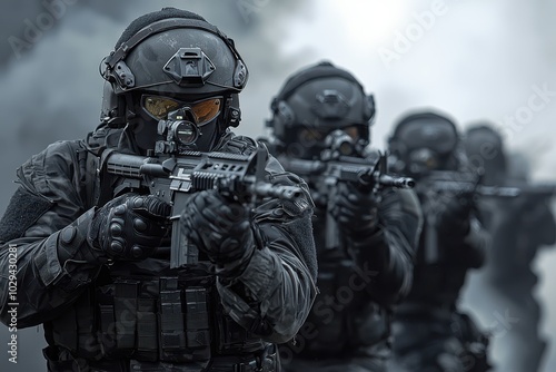 A tactical group of special forces soldiers, dressed in dark uniforms and gear, moving in formation under a black and grey color scheme, emphasizing stealth,