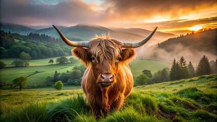 Tableau sur aluminium  Low Light Highland Cow in a Field at Dusk - Stunning Nature Scene for Stock Photography  © prapatsorn