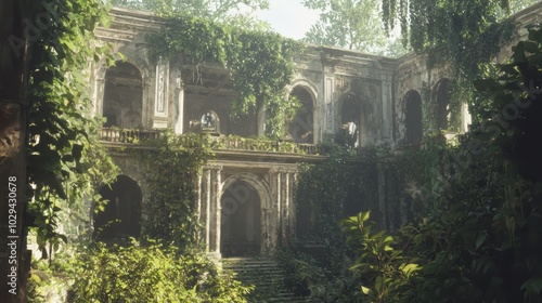 Abandoned Elegance: Surreal View of Decaying Mansion in Overgrown Gardens with Haunting Atmosphere, Enhanced by Cinematic Light