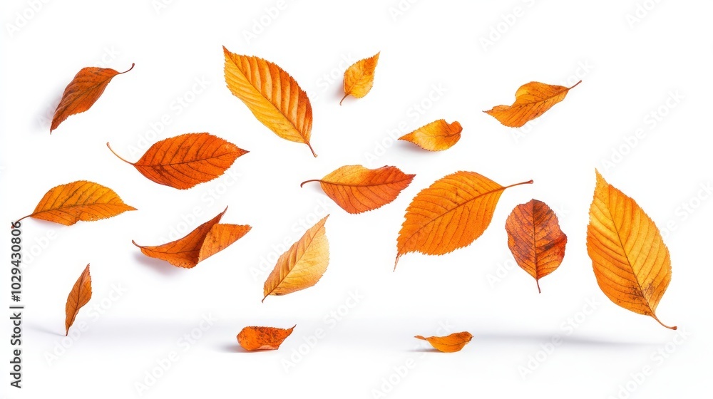 Orange autumn leaves falling down isolated on a white background Orange autumn leaves falling down isolated on a white background