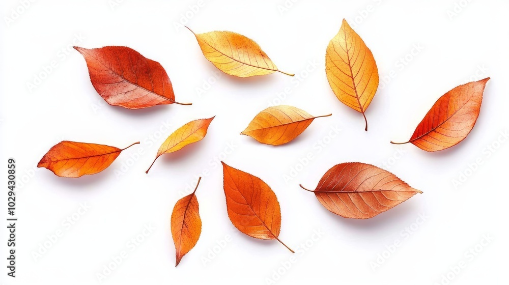 Orange autumn leaves falling down isolated on a white background Orange autumn leaves falling down isolated on a white background
