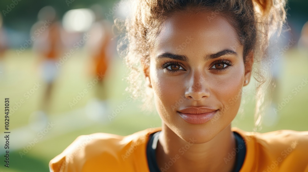 A close-up of an athletic woman with curly hair and a smile, wearing an orange sports jersey. She embodies strength and focus on the sports field filled with teammates. A close-up of an athletic woman with curly hair and a smile, wearing an orange sports jersey. She embodies strength and focus on the sports field filled with teammates.