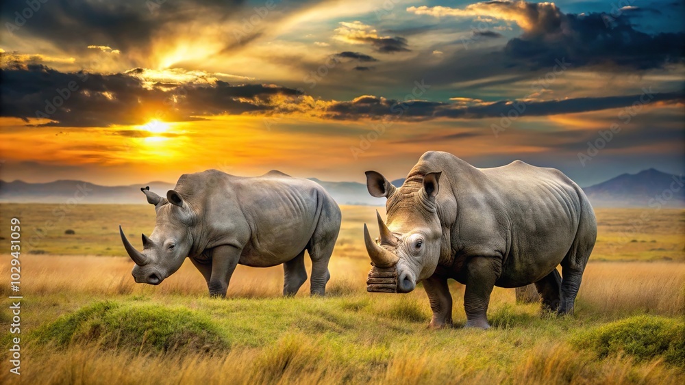 Obraz premium Rhinoceroses in their natural habitat at sunset