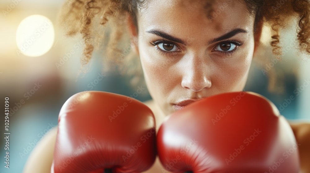 A fierce female boxer with curly hair stares intently at her opponent, wearing red boxing gloves. The image conveys strength, focus, and determination in the ring. A fierce female boxer with curly hair stares intently at her opponent, wearing red boxing gloves. The image conveys strength, focus, and determination in the ring.