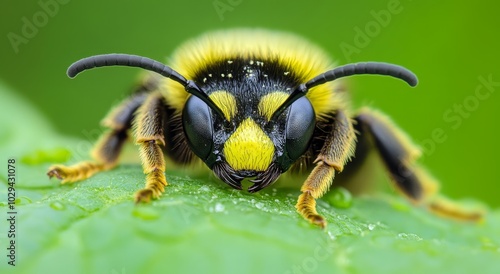 Close-up of a wasp on a green leaf in macro detail