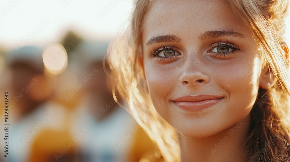 A young girl with a radiant smile is bathed in sunlight, creating a beautiful bokeh effect in the background, capturing the essence of youth and happiness on a sunny day. A young girl with a radiant smile is bathed in sunlight, creating a beautiful bokeh effect in the background, capturing the essence of youth and happiness on a sunny day.