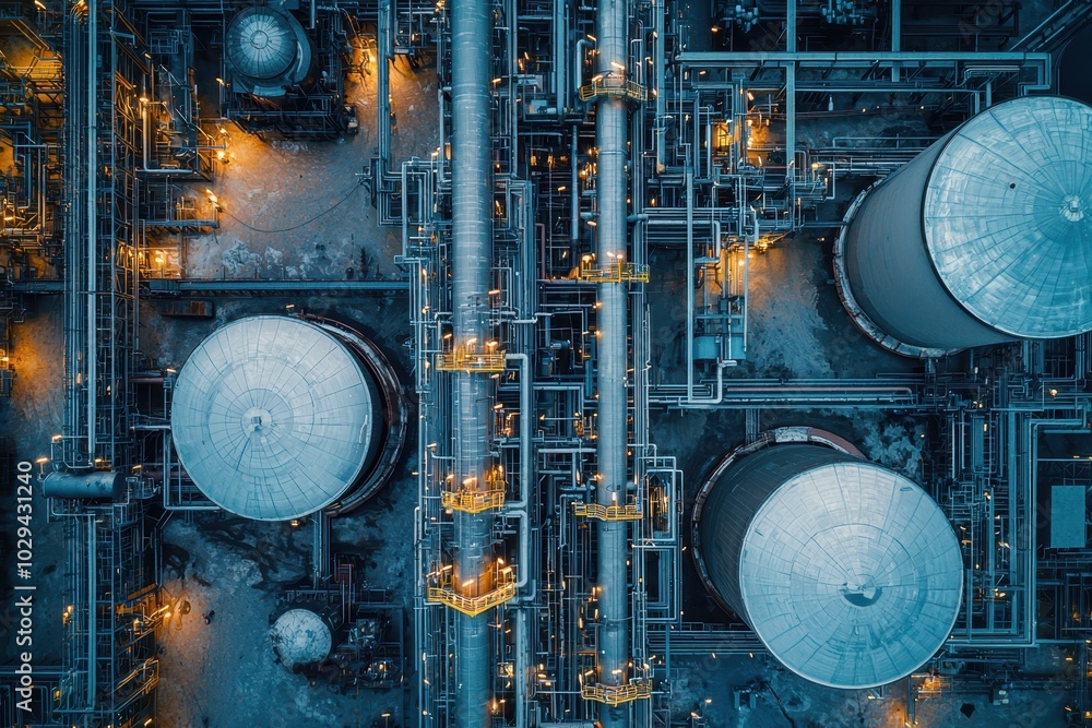 An expansive aerial view of an oil refinery showcasing a complex ...