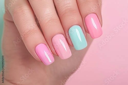 Pastel pink and mint green nails with a glossy finish on a soft gradient background, minimalistic composition with copy space. Colorful and vibrant manicure concept for beauty and fashion designs.