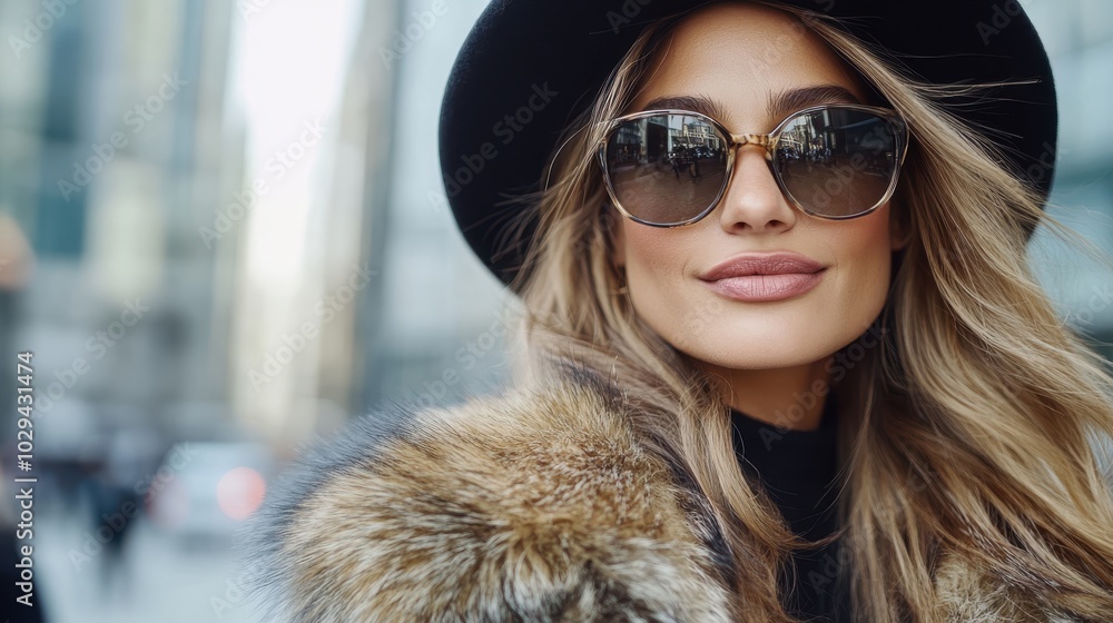 A fashionable woman wearing sunglasses and a fur coat stands on a bustling city street, exuding confidence and style, embodying urban sophistication and glamor. A fashionable woman wearing sunglasses and a fur coat stands on a bustling city street, exuding confidence and style, embodying urban sophistication and glamor.