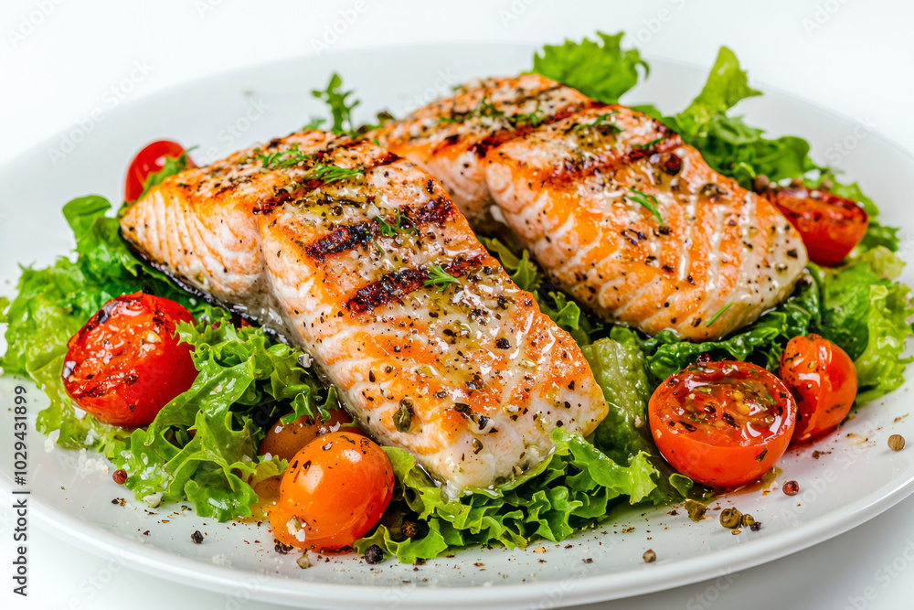 Soft goat feta salt cheese with grilled sea salmon tomatoes and green lettuce salad served on white china plate on white background. Soft goat feta salt cheese with grilled sea salmon tomatoes and green lettuce salad served on white china plate on white background.