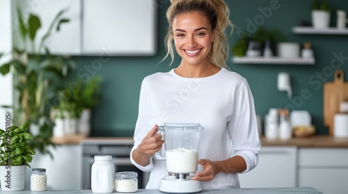 A cheerful woman is seen blending a fresh smoothie in a modern kitchen, surrounded by natural ingredients, embodying wellness and healthy lifestyle choices. photo