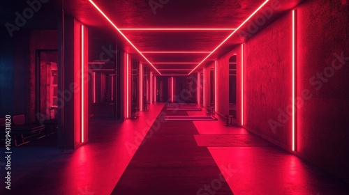 A long, narrow hallway lit by red neon lights.