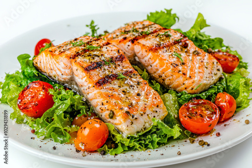 Soft goat feta salt cheese with grilled sea salmon tomatoes and green lettuce salad served on white china plate on white background.