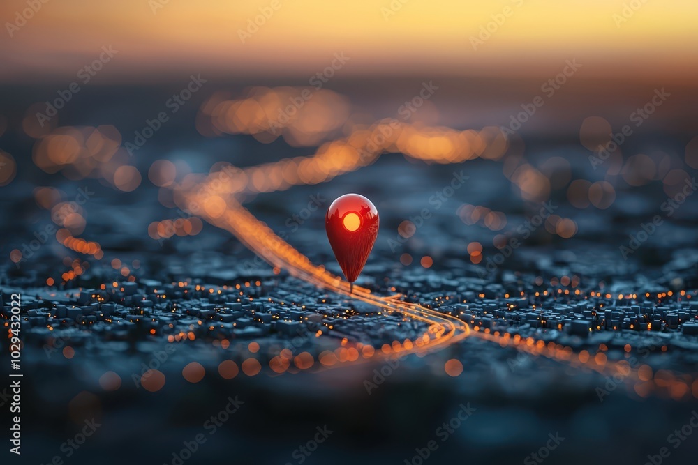 A blurred road map with a red pin marker, representing a business concept or strategy related to planning, location, and goals.. A blurred road map with a red pin marker, representing a business concept or strategy related to planning, location, and goals..