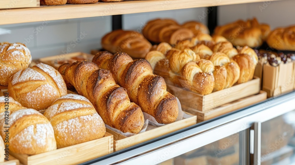 A variety of freshly baked breads displayed on wooden shelves, showcasing unique shapes and textures, inviting and appetizing. A variety of freshly baked breads displayed on wooden shelves, showcasing unique shapes and textures, inviting and appetizing.