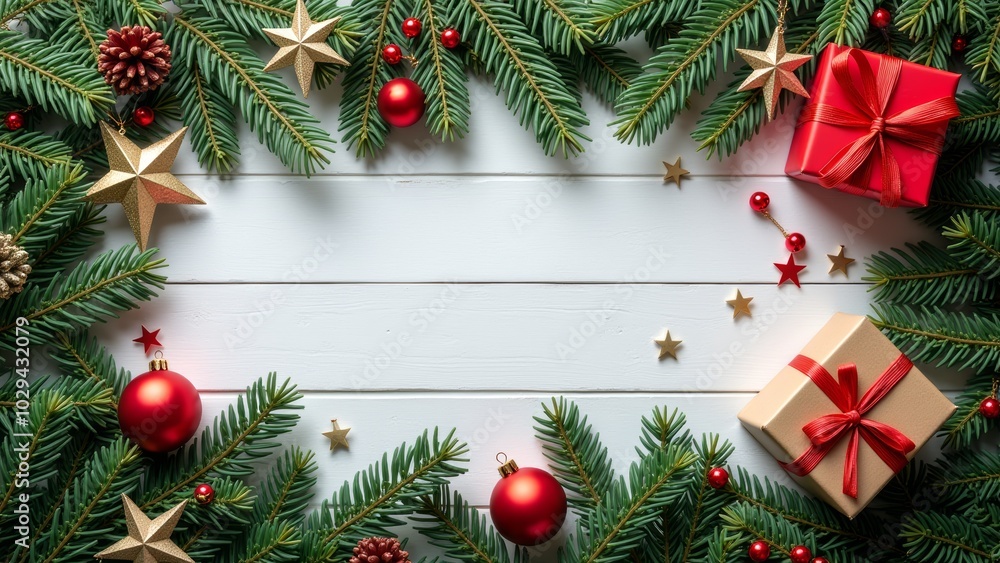 Festive holiday decorations with evergreen branches, ornaments, and wrapped gifts arranged on a wooden surface during Christmas season Festive holiday decorations with evergreen branches, ornaments, and wrapped gifts arranged on a wooden surface during Christmas season