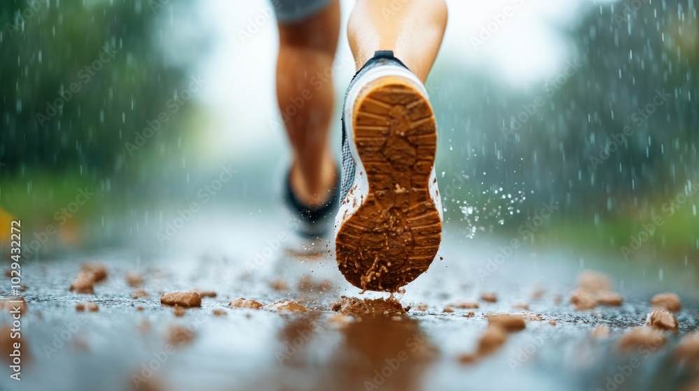 The photograph captures a runner's shoe making a splash on a wet, muddy path, demonstrating the power and determination of athletic pursuits in natural environments. The photograph captures a runner's shoe making a splash on a wet, muddy path, demonstrating the power and determination of athletic pursuits in natural environments.