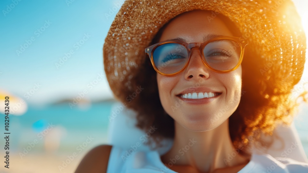 A serene woman in sunglasses and a straw hat enjoys the sun at the beach, wearing a bright smile, embodying a moment of pure relaxation and happiness. A serene woman in sunglasses and a straw hat enjoys the sun at the beach, wearing a bright smile, embodying a moment of pure relaxation and happiness.