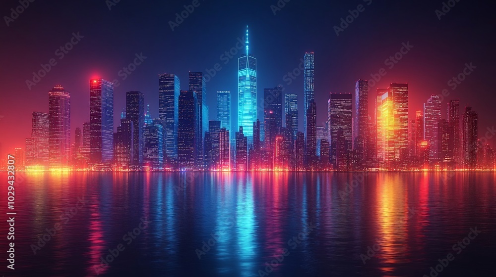 A vibrant city skyline illuminated at night, reflecting in the water below. A vibrant city skyline illuminated at night, reflecting in the water below.
