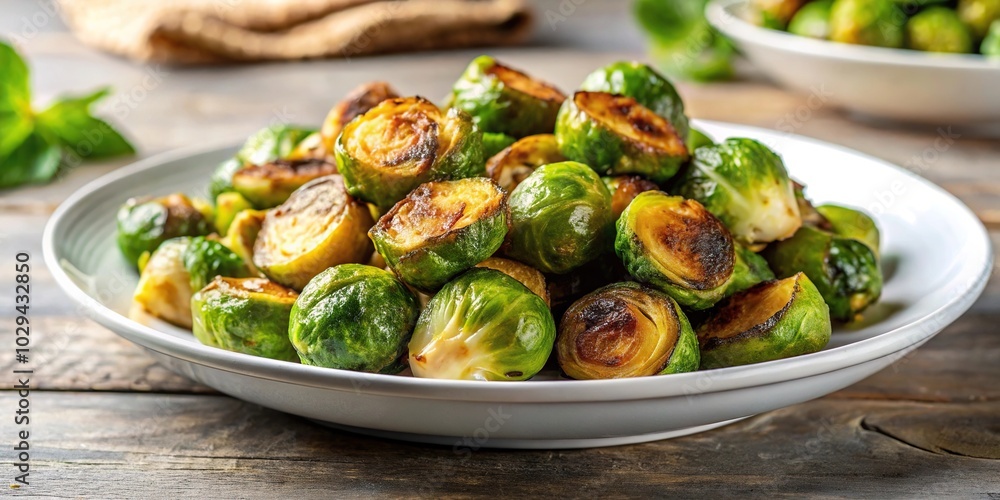 roasted brussels sprouts in a white plate on the table Macro roasted brussels sprouts in a white plate on the table Macro