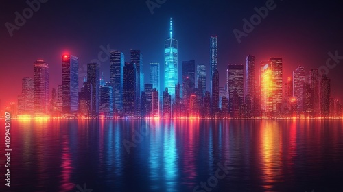 A vibrant city skyline illuminated at night, reflecting in the water below.