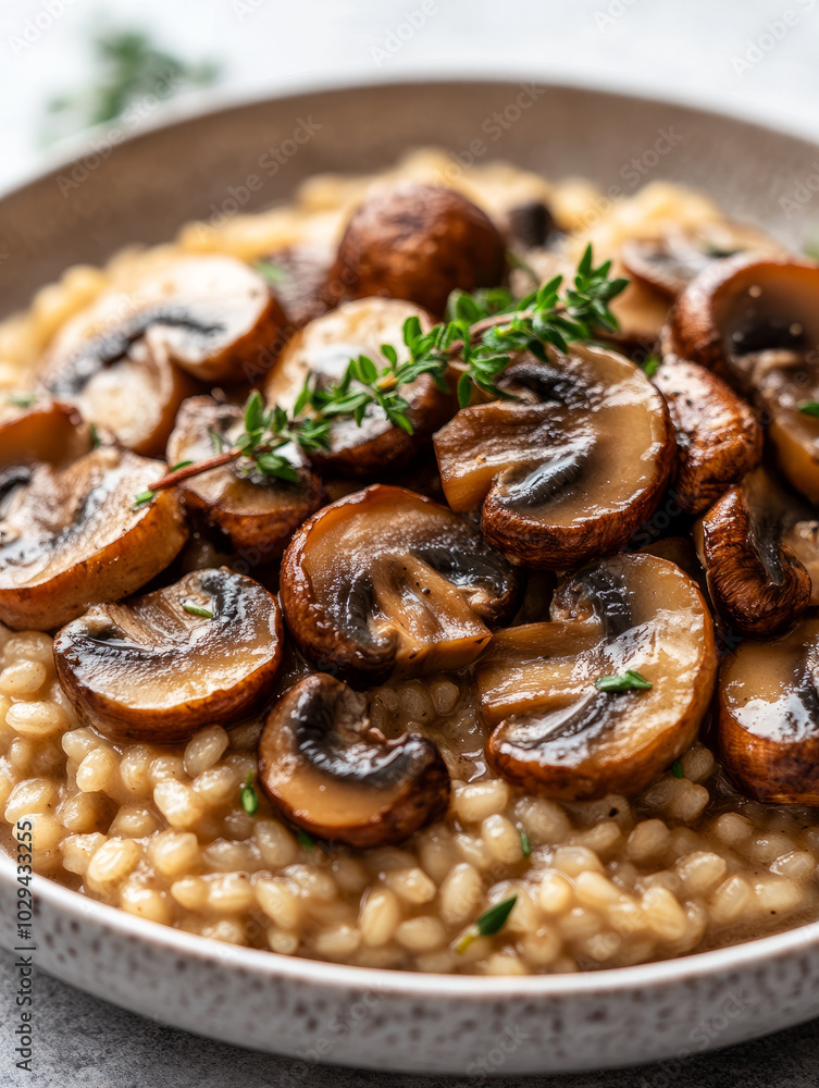 A close-up of creamy mushroom risotto with thyme garnish. A close-up of creamy mushroom risotto with thyme garnish.
