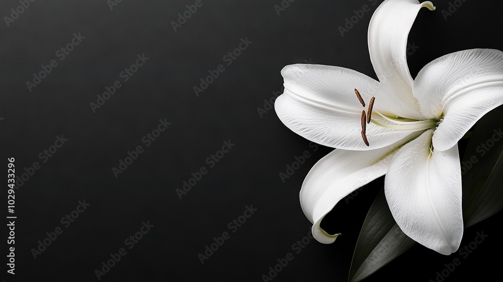 Fototapeta premium White flower close-up on black background with green stem