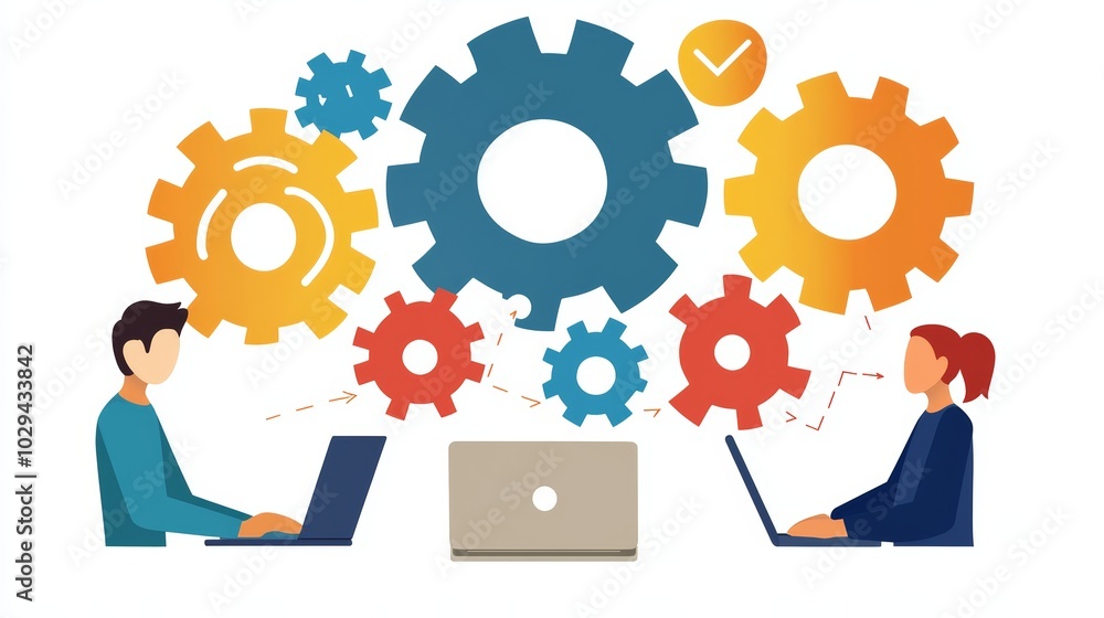 A team working around a laptop, collaborative project, isometric style, isolated on white background A team working around a laptop, collaborative project, isometric style, isolated on white background