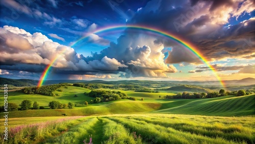 Rolling meadow landscape with colorful rainbow clouds and hills