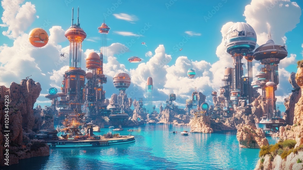 A vibrant digital landscape with floating islands and futuristic buildings, showcasing an immersive metaverse environment. A vibrant digital landscape with floating islands and futuristic buildings, showcasing an immersive metaverse environment.