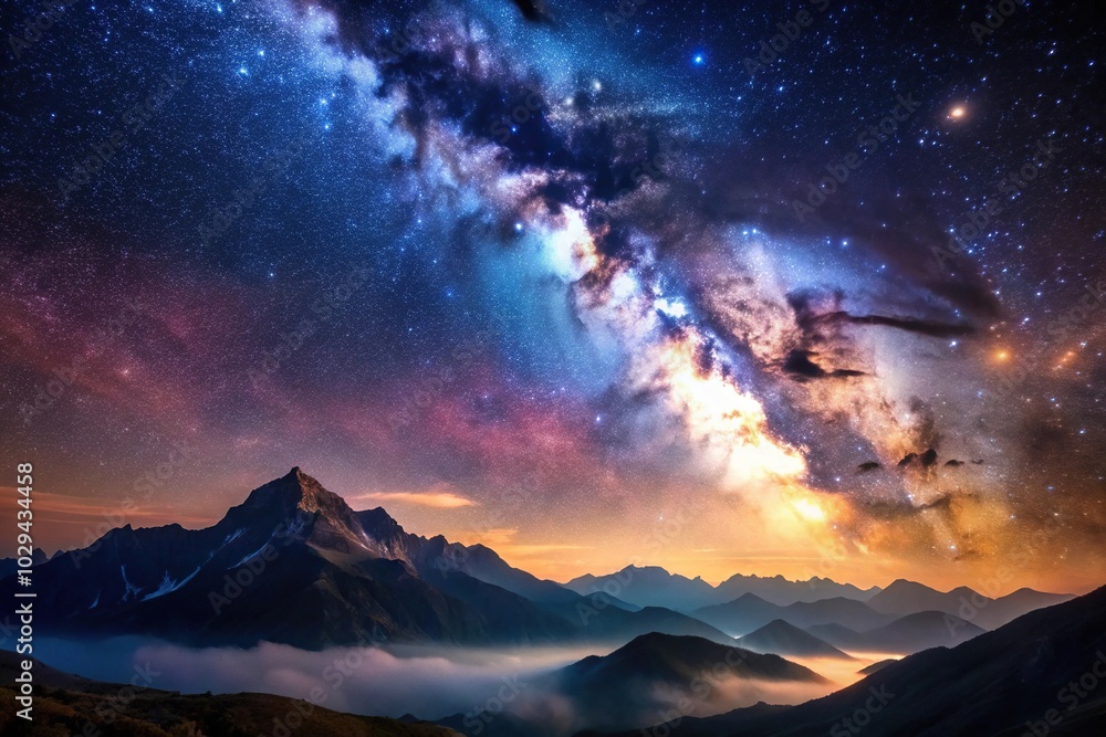 Naklejka premium Nebula in night sky above mountain landscape