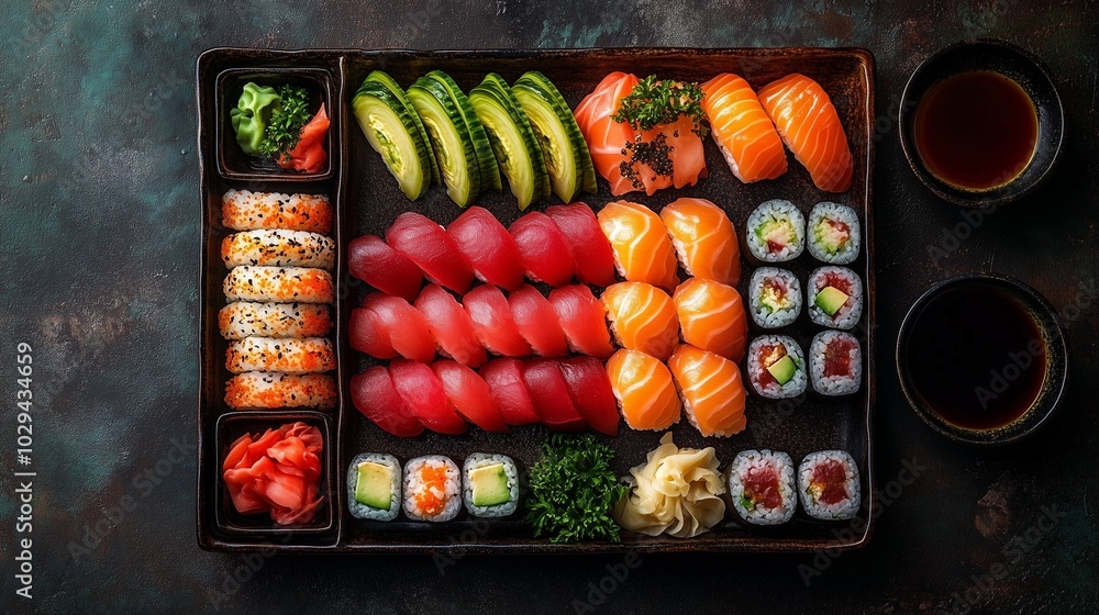 Beautifully presented sushi platter with fresh sashimi, nigiri and colorful maki rolls, served with wasabi, pickled ginger and soy sauce. The scene conveys the elegance and artistry of Japanese cuisin
