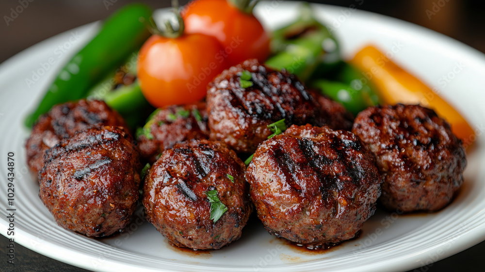Grilled meatballs with tomatoes and peppers on a white plate. Grilled meatballs with tomatoes and peppers on a white plate.