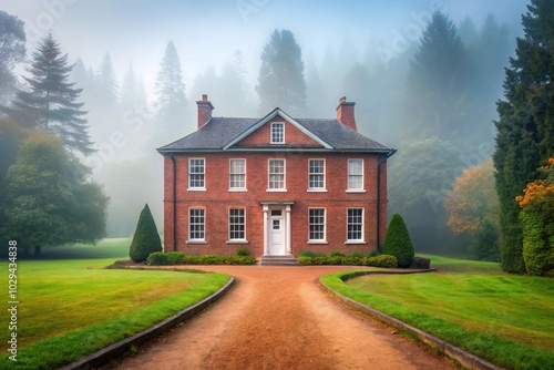 Neo Georgian style house with red brick facade surrounded by foggy forest trail in the morning light photo