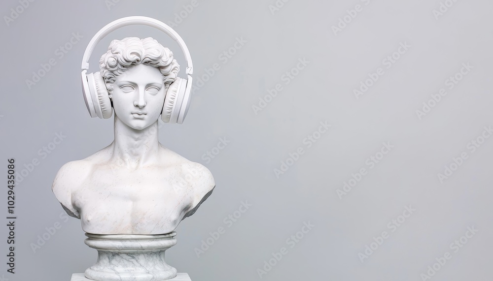 Greek statue in marble with large modern headphones, juxtaposition of classical art and modern tech, timeless beauty meets contemporary culture Greek statue in marble with large modern headphones, juxtaposition of classical art and modern tech, timeless beauty meets contemporary culture