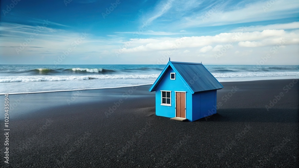 Minimalist photorealistic shot of tiny blue house with ocean and black sand in background