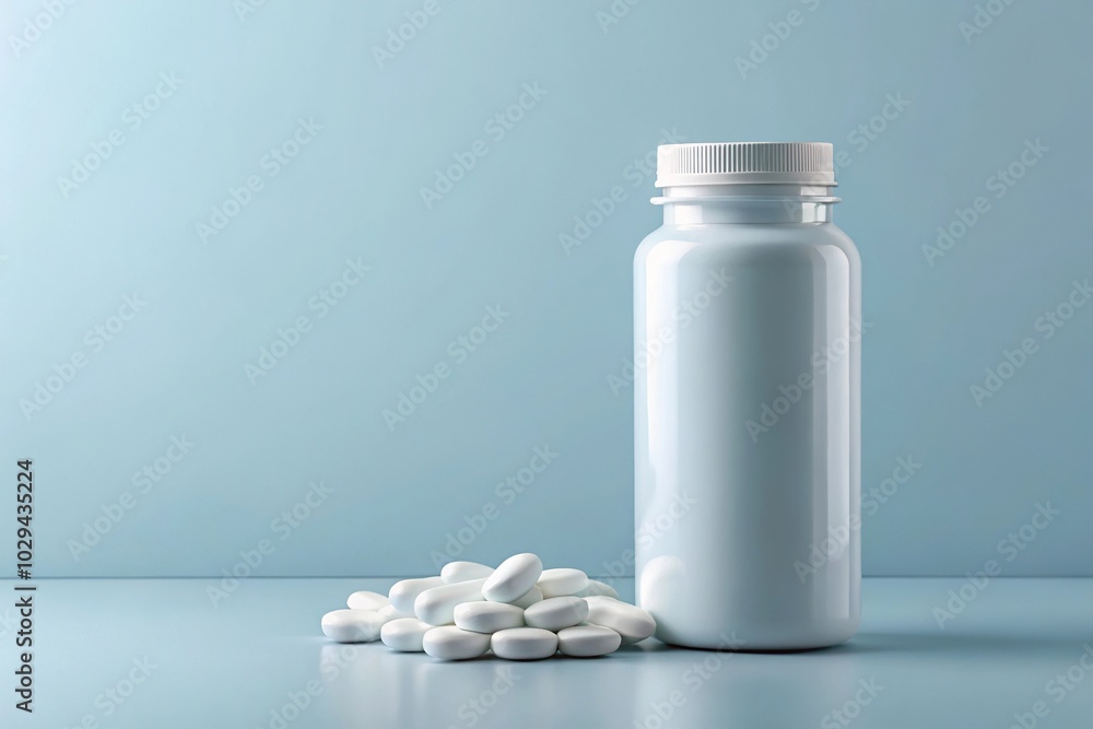 Minimalist pill bottle with white pills on white background mockup Minimalist pill bottle with white pills on white background mockup