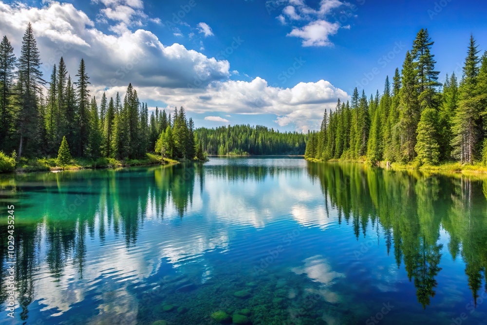 Peaceful blue lake and sky reflecting in the conifer tree forest Peaceful blue lake and sky reflecting in the conifer tree forest