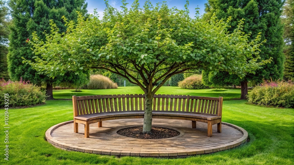 Round tree bench around apple tree in garden Round tree bench around apple tree in garden