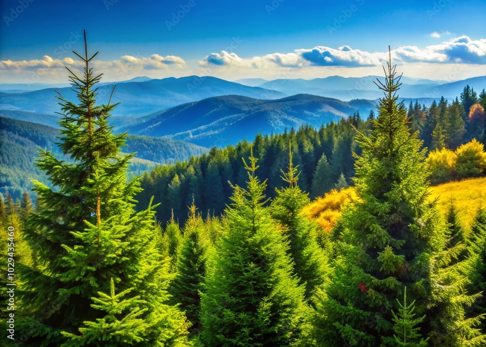 Lush Evergreen Trees in a Serene Landscape with Ample Copy Space for Nature Themes Lush Evergreen Trees in a Serene Landscape with Ample Copy Space for Nature Themes