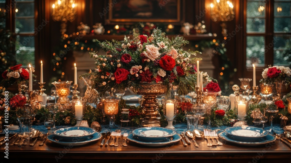 Candle-lit holiday dinner with festive decorations, creating a warm and elegant atmosphere for a special celebration Candle-lit holiday dinner with festive decorations, creating a warm and elegant atmosphere for a special celebration