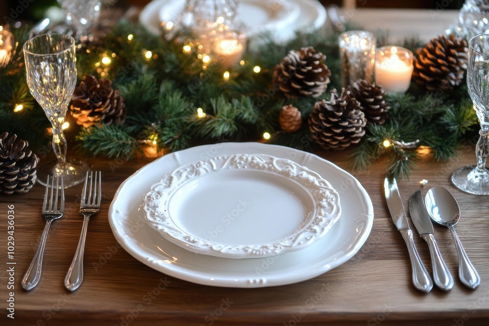 winter table decor, winter table adorned with white porcelain plates, silver cutlery on a rustic wooden table decorated with pine cones and fairy lights winter table decor, winter table adorned with white porcelain plates, silver cutlery on a rustic wooden table decorated with pine cones and fairy lights