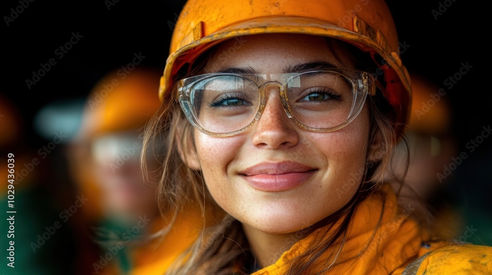 A young woman in safety glasses and a hard hat beams with a smile, highlighting her role in a construction environment while surrounded by colleagues at work A young woman in safety glasses and a hard hat beams with a smile, highlighting her role in a construction environment while surrounded by colleagues at work