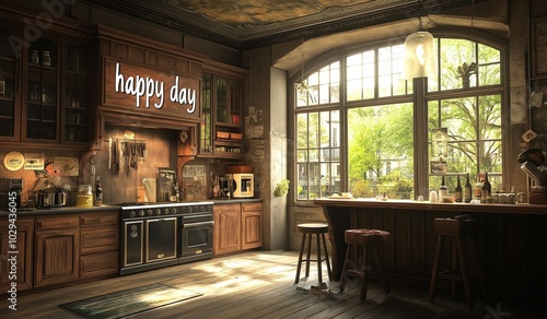 Wallpaper Mural AI generator image of moody kitchen of a summery arts and crafts mansion with many windows overlooking the classic english gardens Torontodigital.ca