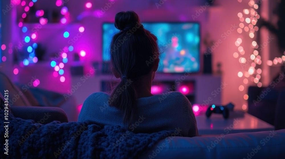 The individual relaxes on a couch, fully engaged in a video game while surrounded by vibrant lights, creating a serene and inviting atmosphere in the room The individual relaxes on a couch, fully engaged in a video game while surrounded by vibrant lights, creating a serene and inviting atmosphere in the room