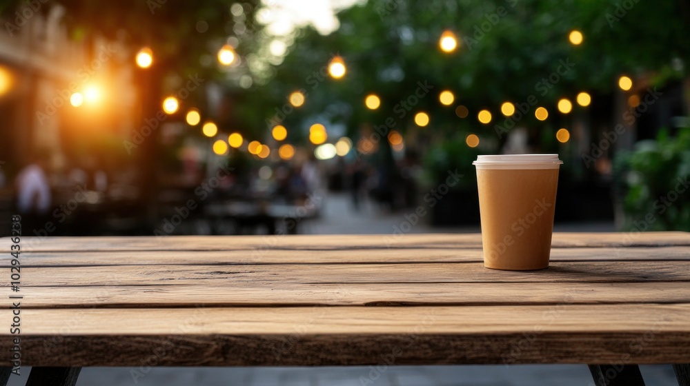 A warm cup of coffee is placed on a rustic wooden table in an inviting outdoor cafГ©, illuminated by soft evening lights with trees in the background creating a tranquil atmosphere A warm cup of coffee is placed on a rustic wooden table in an inviting outdoor cafГ©, illuminated by soft evening lights with trees in the background creating a tranquil atmosphere