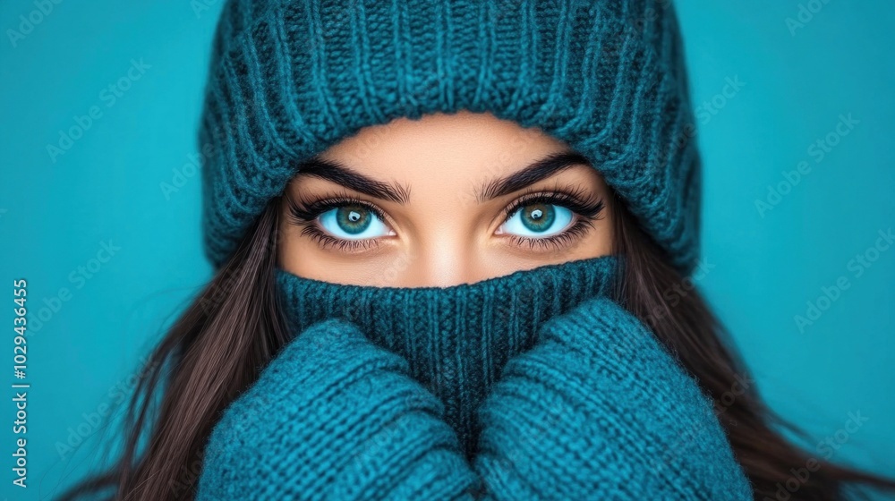 A young woman is wrapped in a cozy teal outfit, pulling her scarf close to her face, revealing her captivating blue eyes. The vibrant background enhances her winter-ready look A young woman is wrapped in a cozy teal outfit, pulling her scarf close to her face, revealing her captivating blue eyes. The vibrant background enhances her winter-ready look
