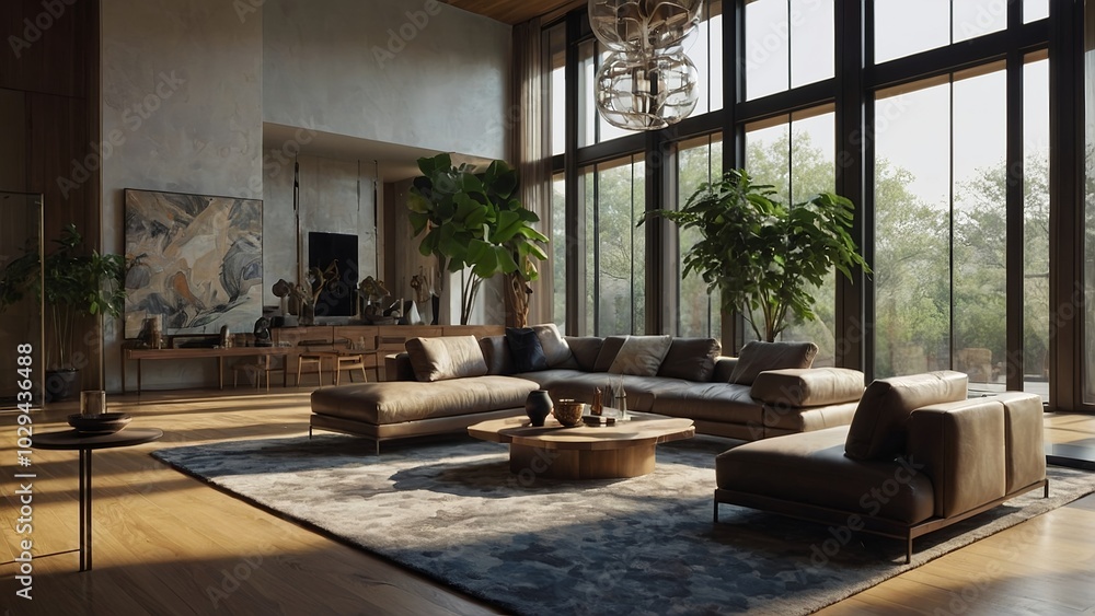 Modern Living Room with Unique Wooden Coffee Table and Large Windows. Modern Living Room with Unique Wooden Coffee Table and Large Windows.