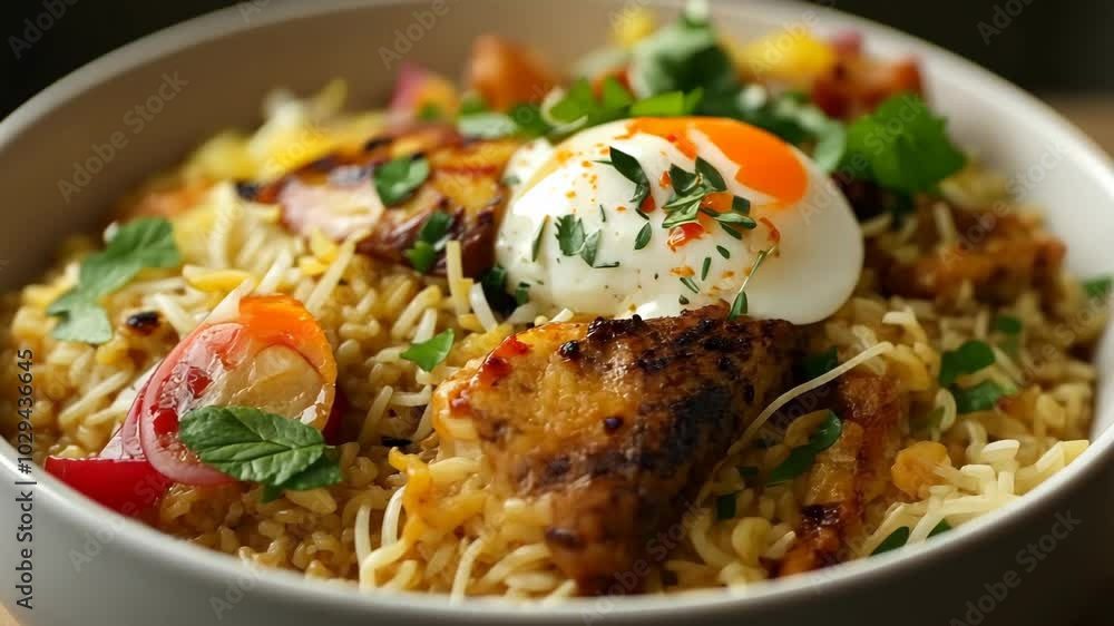 A close-up of a bowl of ramen noodles topped with a poached egg, chicken, and herbs A close-up of a bowl of ramen noodles topped with a poached egg, chicken, and herbs